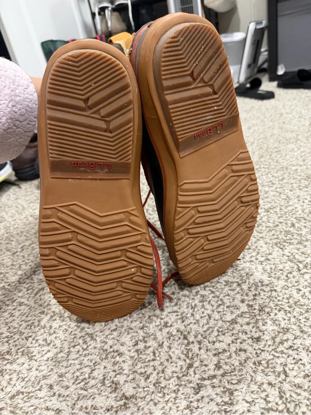 L.L. Bean Kids Waterproof Duck Boots in Gray, Tan & Black with Red Laces